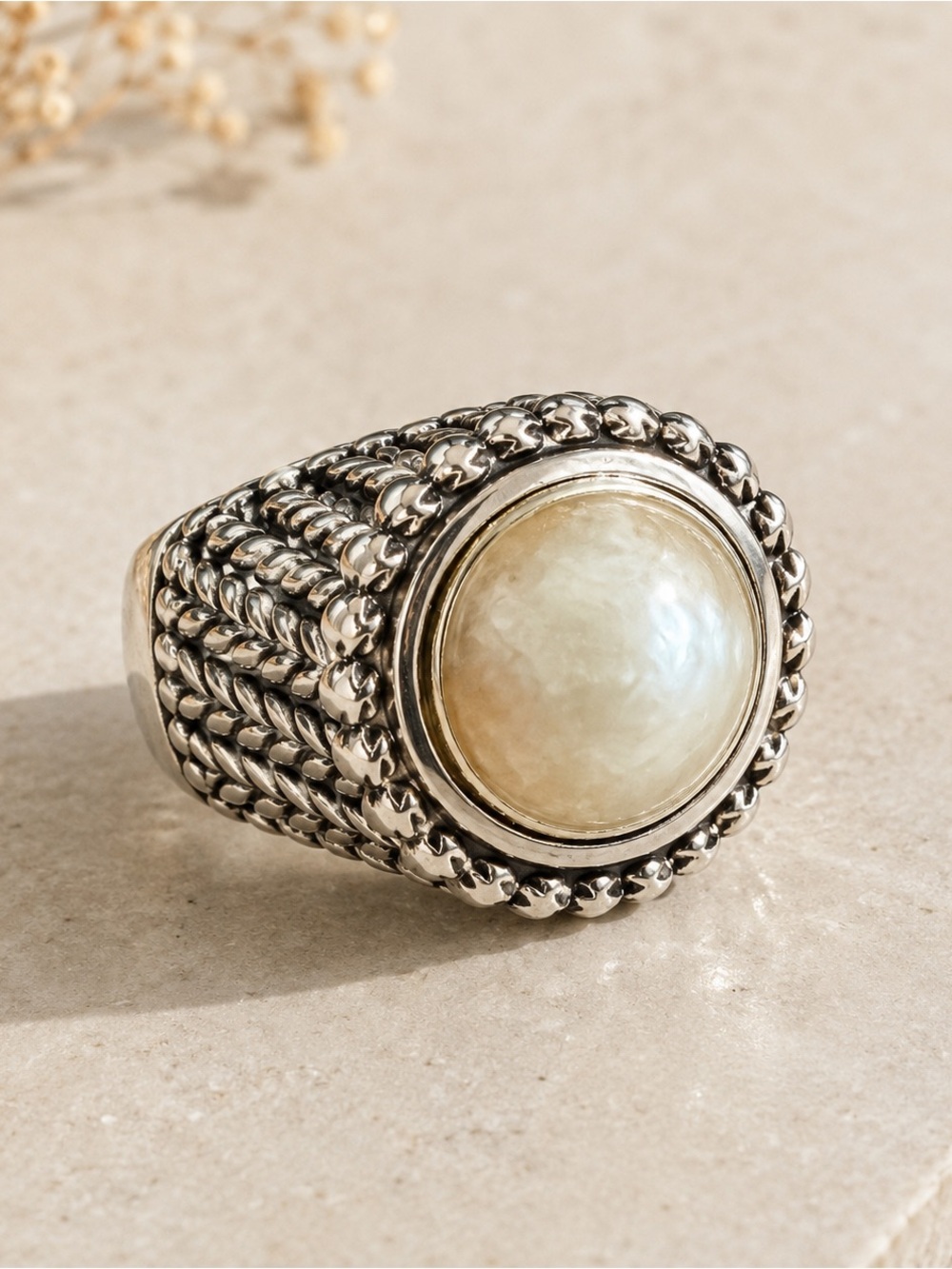 Vintage Artisan  Ivory Cabochon Statement Ring | Silver Tone | Size 7